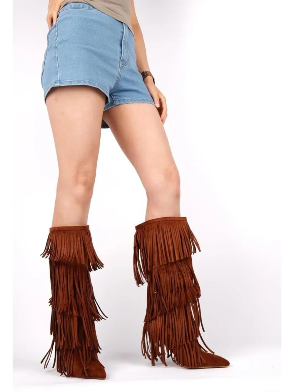 Women's Brown Faux Suede Pointed Toe Stylish Sequins Winter Stiletto Bootie - Picture 6 of 6